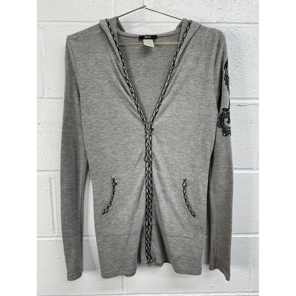 VTG Y2K Edgy Scene Grunge Cardigan Enti Gray Full Zip Hooded Knit Jacket / Small